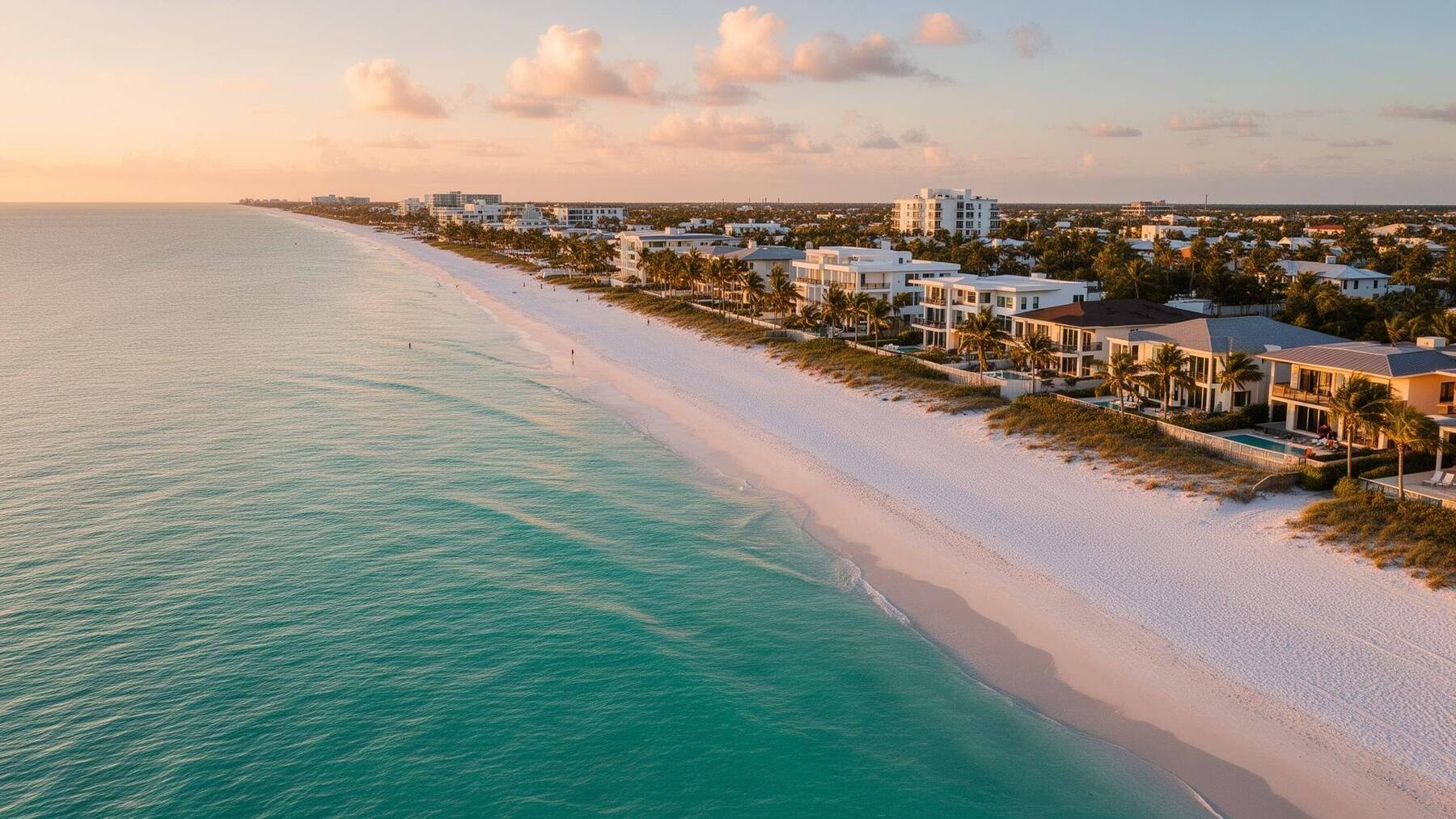 Clearwater Beach Florida waterfront at golden hour with coastal homes